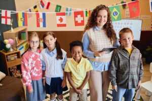 female teacher at Arizona bilingual preschool with students